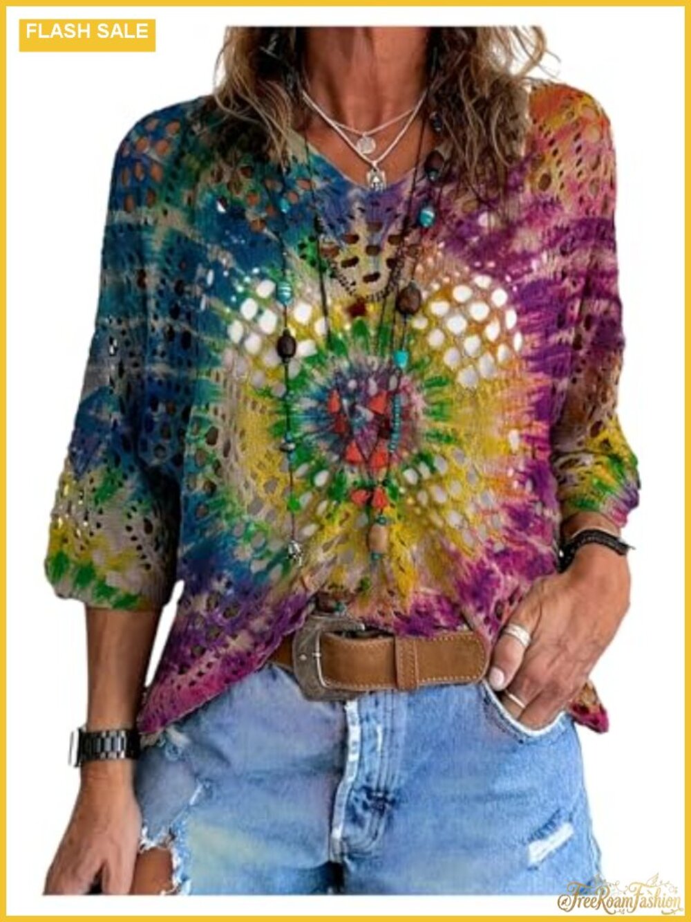 Women's Boho Crochet Knit Short Sleeve V-Neck Lightweight Sweater